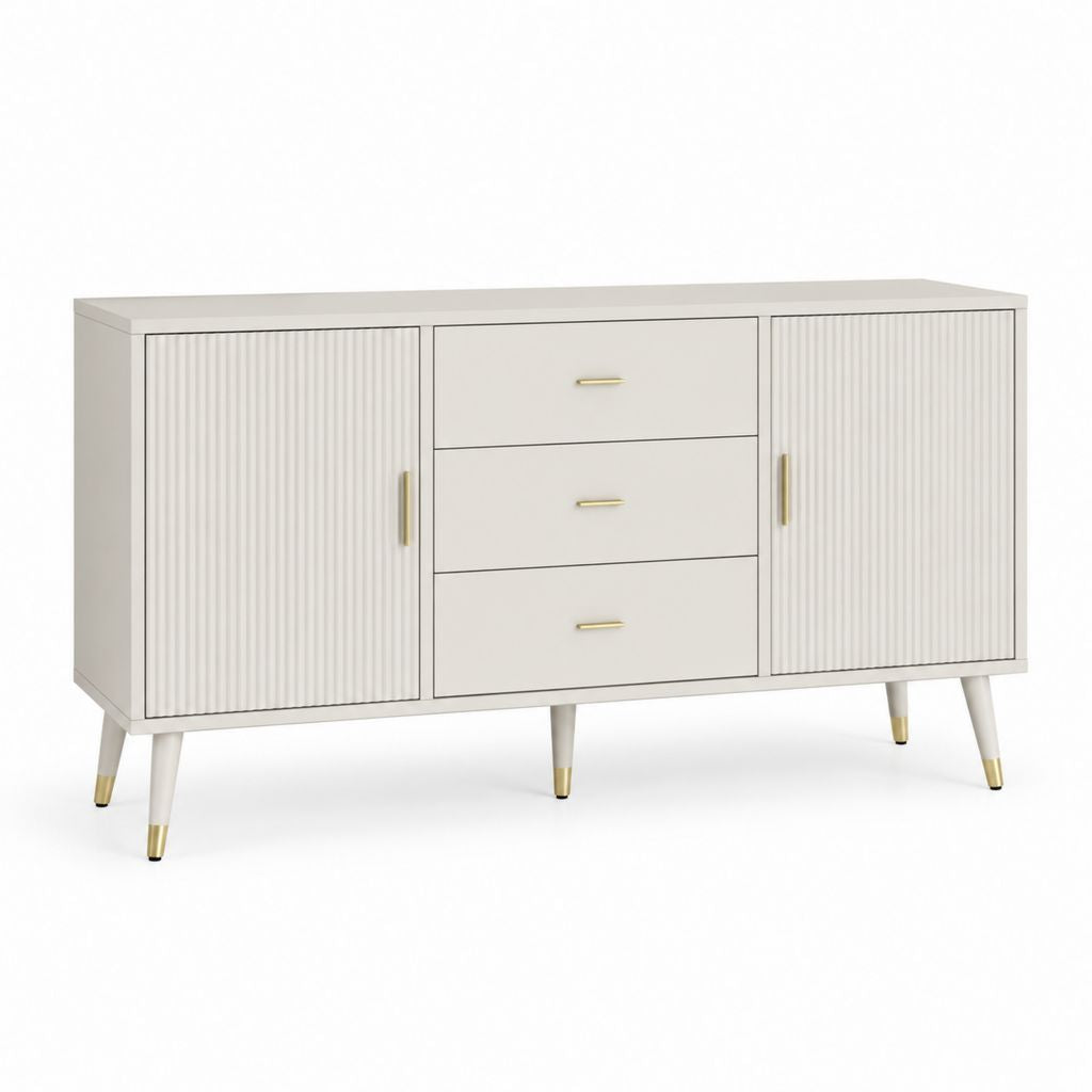 Buffet rectangulaire en MDF avec 2 portes et 3 tiroirs, blanc ivoire et or, 140 × 40 × 80 cm