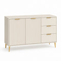 Croyance avec 2 portes rainurées et 3 tiroirs en MDF et acier, beige et or, 120 × 40 × 80 cm