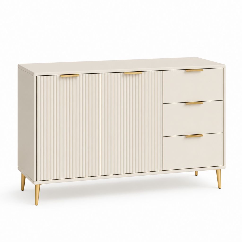 Croyance avec 2 portes rainurées et 3 tiroirs en MDF et acier, beige et or, 120 × 40 × 80 cm