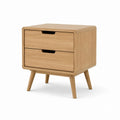 Table de nuit rectangulaire chêne naturel avec 2 tiroirs en MDF plaqué et pieds en bois massif, 50 × 40 × 60 cm