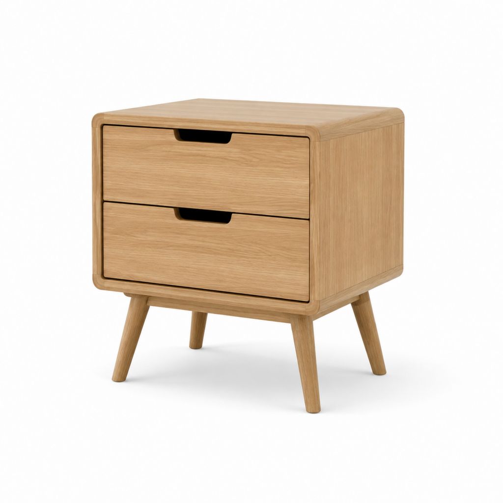 Table de nuit rectangulaire chêne naturel avec 2 tiroirs en MDF plaqué et pieds en bois massif, 50 × 40 × 60 cm