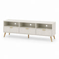 Meuble TV en MDF avec 3 tiroirs et 3 compartiments ouverts, beige, chêne naturel et doré, 160 × 40 × 60 cm