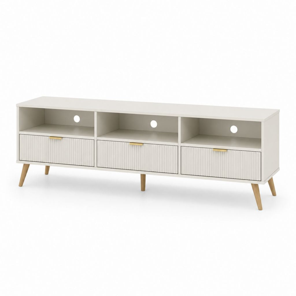 Meuble TV en MDF avec 3 tiroirs et 3 compartiments ouverts, beige, chêne naturel et doré, 160 × 40 × 60 cm