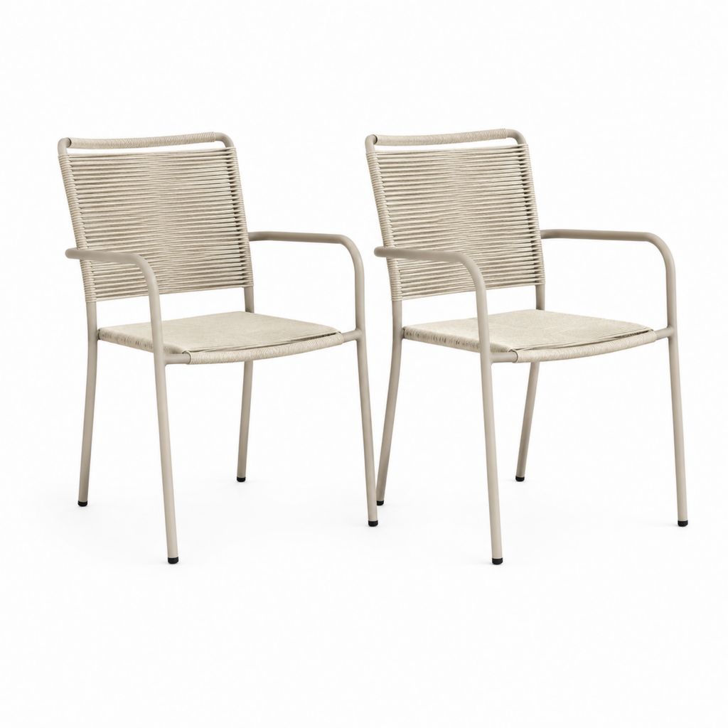 Ensemble de 2 chaises de jardin avec accoudoirs en métal et corde en plastique beige, 58 × 60 × 82 cm