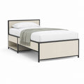 Lit simple 90 × 200 cm avec étagère latérale, structure en acier et panneaux en MDF, beige et noir