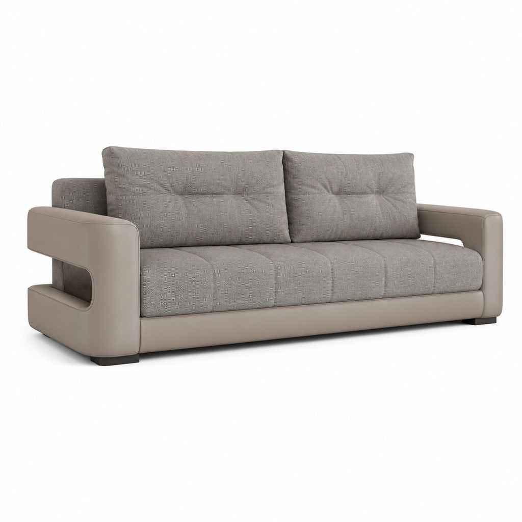 Canapé rectangulaire 3 places en tissu et simili cuir, gris et tourterelle, 220 × 90 × 90 cm