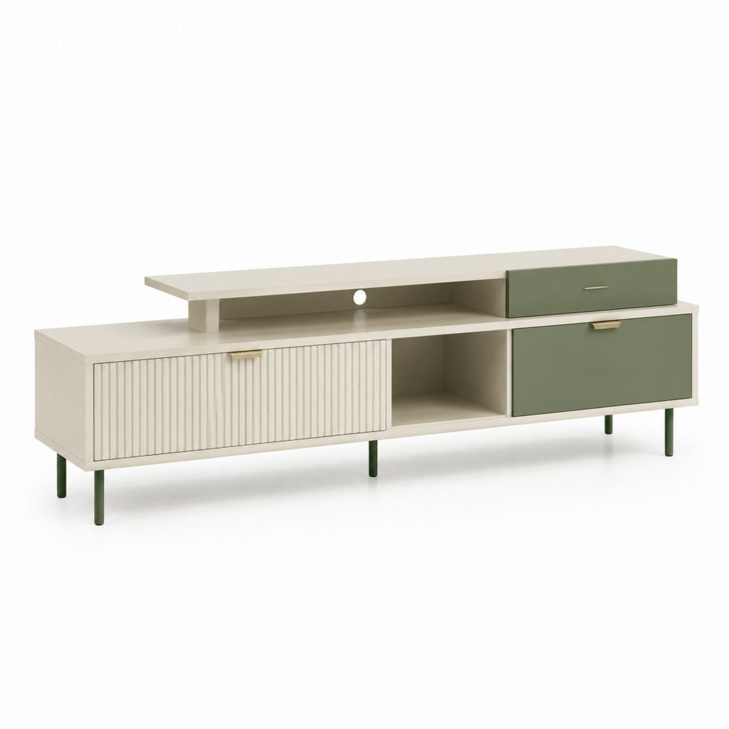 Mobile porte TV rectangulaire en MDF et acier beige et vert olive, 180 × 40 × 70 cm