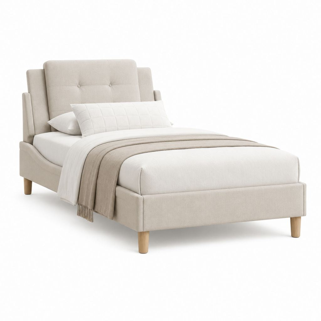 Lit simple rembourré en tissu beige 90 × 200 cm avec tête de lit et filet à lattes